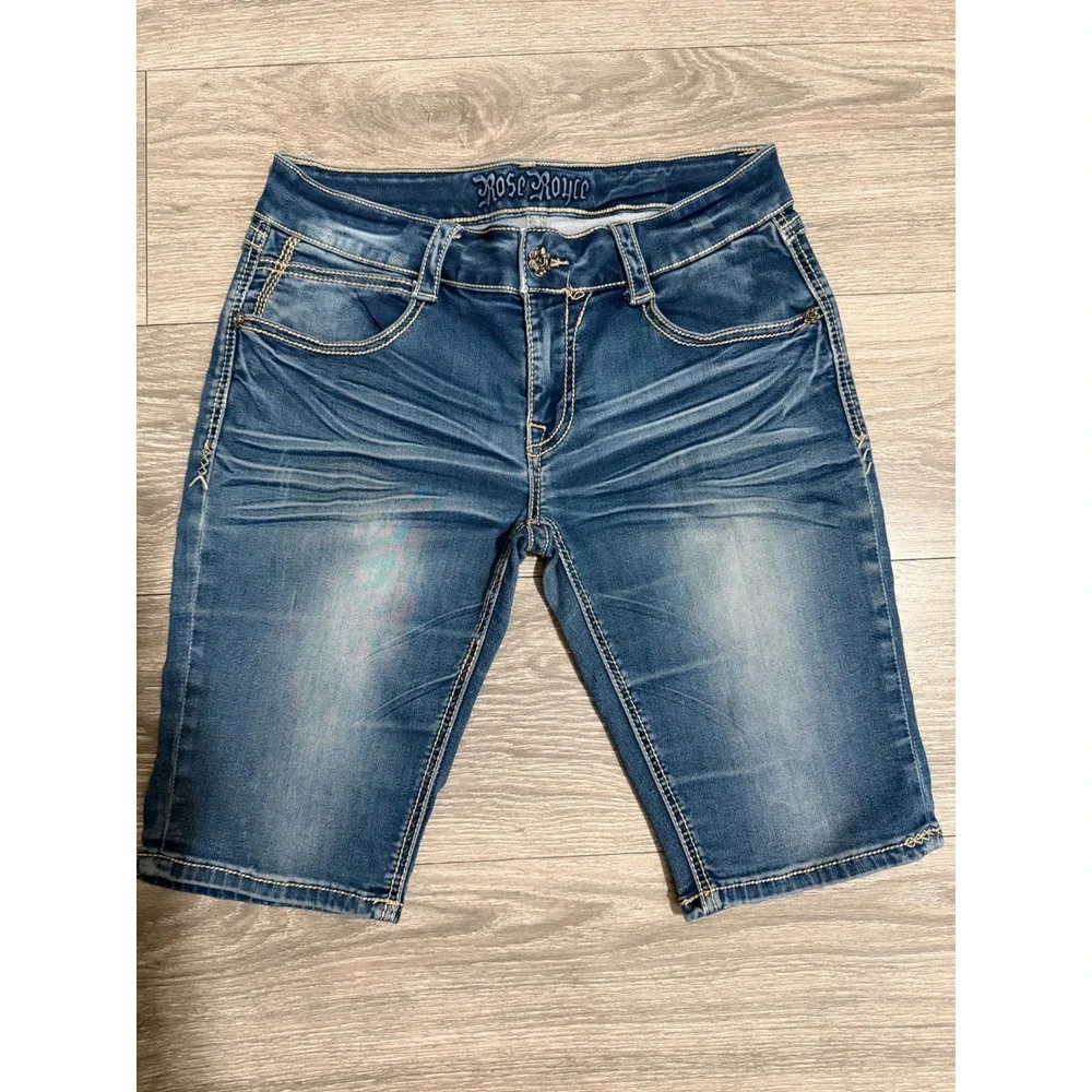 Rose Royce Sarina Moonlight Blue Denim Bermuda Shorts Size 28 7/8 Whiskered